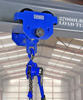 Front view of blue KARRYTON 3 Ton beam trolley on an I-beam with dual-track rollers