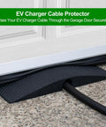 Heavy Duty EV Charger Cable Protector For Garage Door Pass Through With Soft Rubber Shield Reducing Gaps Fits All Tesla Models And J1772 Chargers And Wall Connectors shown protecting a cable under a garage door.