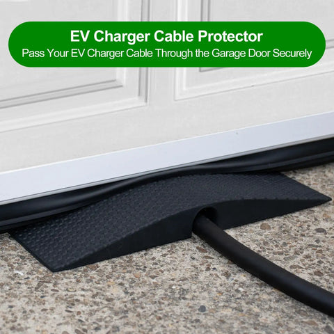 Heavy Duty EV Charger Cable Protector For Garage Door Pass Through With Soft Rubber Shield Reducing Gaps Fits All Tesla Models And J1772 Chargers And Wall Connectors shown protecting a cable under a garage door.