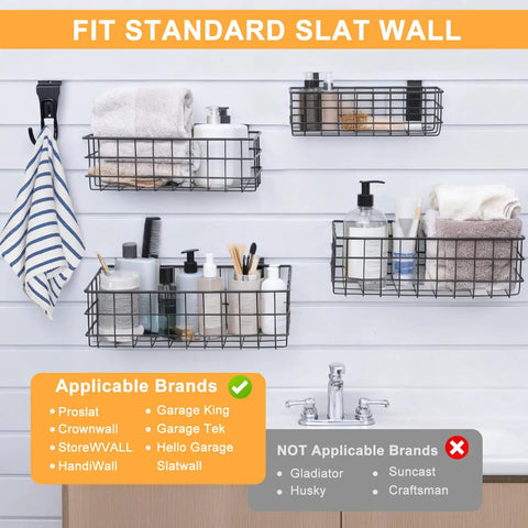 12 Pack Slatwall Organizer Kit with 4 Wire Baskets and 8 Heavy Duty Hooks for Garage, Retail Display and Home Storage