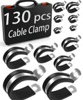 130Pcs Cable Clamp Kit With 12 Sizes In 304 Stainless Steel And Rubber Cushions displayed with carrying case
