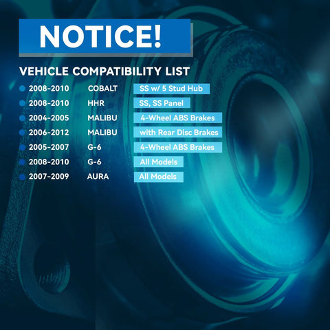Front Wheel Bearing Hub Assembly With ABS For Chevy Cobalt HHR Malibu Pontiac G6 Saturn Aura, vehicle compatibility list displayed