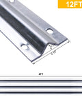 Close-up of 12 Ft V Track with pre-drilled holes and screws for heavy duty sliding driveway gates, shown in individual 4 ft sections.