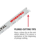 Pro Grade 25 Piece T Shank Jigsaw Blades With Heavy Duty Storage Case showing plunge-cutting tips for cutting metal.
