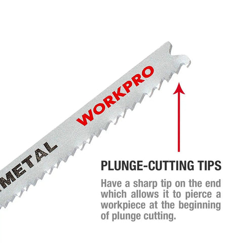 Pro Grade 25 Piece T Shank Jigsaw Blades With Heavy Duty Storage Case showing plunge-cutting tips for cutting metal.