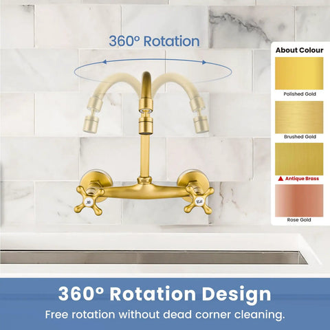 Wall Mount Kitchen Faucet With Sprayer, 360 Degree Swivel Spout, Double Cross Handles, 8 Inch Center, Antique Brass Commercial Mixer Tap, Solid Brass Construction, 1.8 GPM installed