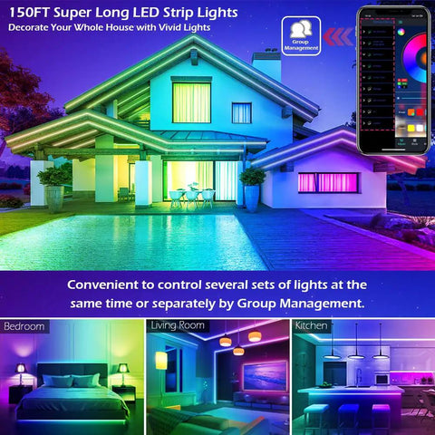 150ft RGB LED strip lights illuminating a house exterior and rooms with color-changing effects via app control