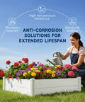 Vinyl Raised Garden Bed 4x4x1 Ft Open Bottom Planter For Above Ground Gardens shown with colorful flowers and woman gardening