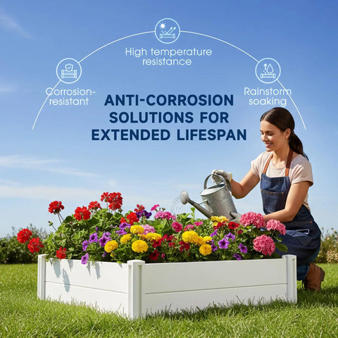 Vinyl Raised Garden Bed 4x4x1 Ft Open Bottom Planter For Above Ground Gardens shown with colorful flowers and woman gardening
