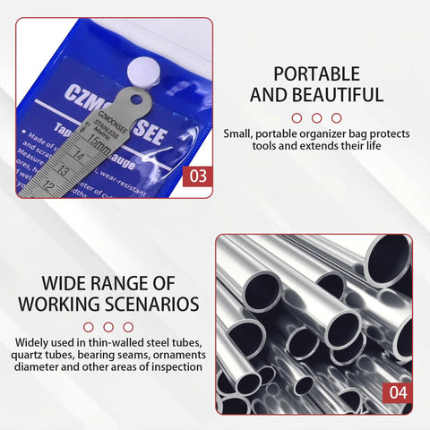 Front close-up of CZMOONSEE stainless steel 1–15mm double-sided welding taper gauge with inch/metric scale