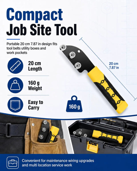 Top Rated Manual Wire Straightener Tool Three Roller Stainless Steel Cable Bending Device Efficient Control For Electricians Guide Bent Electrical Wire Into Consistent Path For Panel Work Junction Box Installation And Wall Routing Projects, compact 20 cm tool with black and yellow handle.