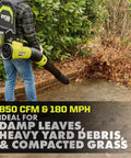 Badass 40V Cordless Backpack Leaf Blower With Brushless Motor clearing damp leaves and yard debris in a garden.