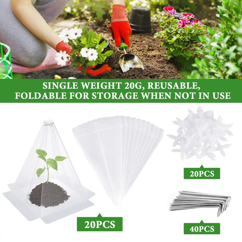 Twenty Pack Plant Cloche Covers For Seedlings, Clear Plastic Mini Greenhouse Shields To Protect Vegetables From Sun, Frost, Pests, Snails And Birds, Reusable With 40 Ground Stakes And 20 Cross Supports, 7.8 By 11 Inches