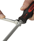 12 Piece Combination Screwdriver Set With Grippy Overmolded Handles Vapor Blasted Tips For Durability Matte Finish To Resist Flakes Quick Reference On Handle End And Bolster For Extra Torque On Slotted And Phillips Drivers being used with a wrench for extra torque