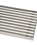 Close-up of Oreilet Linear Shower Drain Bathroom Floor Drain with Hair Catcher (Side) featuring stainless steel slats.