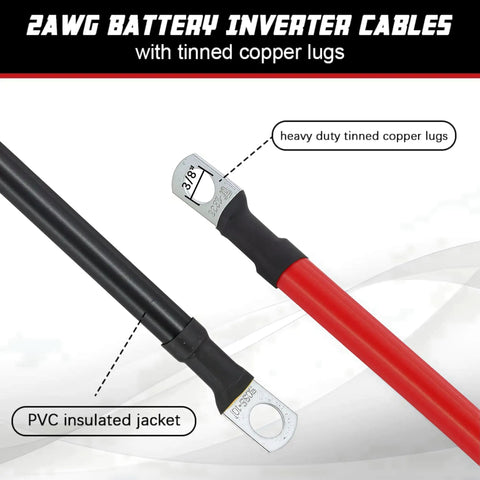 Heavy Duty 2 Awg Battery Cable Featuring Pure Copper Construction Tinned Lug Connectors And Flexible Pvc Insulation For Automotive Solar Marine Red And Black Setup Badass Durability showing red and black insulated cables with tinned copper lugs.