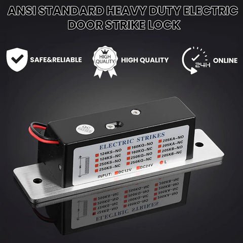 Built Tough Heavy Duty Electric Door Strike Lock With Adjustable Fail Secure Fail Safe Modes For Reliable Access Control In Rust Proof Alloy With 12Vdc Power And 2200 Lbs Impact Rating For Cylindrical Locksets Keeping Your Place Secure No Matter What, showing close-up design and labels.