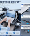 Solid Cruiser Steering Desk For Tesla Cybertruck Foundation Series 2024 To 2026 with laptop in ergonomic setup for in-car work.
