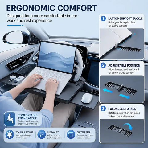 Solid Cruiser Steering Desk For Tesla Cybertruck Foundation Series 2024 To 2026 with laptop in ergonomic setup for in-car work.