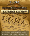 Cover of Infinity Legal Tools Pro Se Litigation Toolkit Extreme Edition AI Assisted Court Filing Guide with historical document image.
