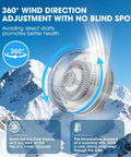 Portable Bladeless Clip On Fan For Waist Or Shirt Hands Free Personal Neck Wearable Cooling Fan shown with 360° adjustment and mountain view