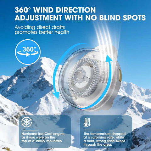 Portable Bladeless Clip On Fan For Waist Or Shirt Hands Free Personal Neck Wearable Cooling Fan shown with 360° adjustment and mountain view