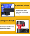 PRO GRADE RECHARGEABLE STRAPPING TOOL FOR PP AND PET PLASTIC BELTS WITH 3000 MAH BATTERY AUTOMATIC HOT MELTING BANDING MACHINE showing rubber grip handle and battery configuration.