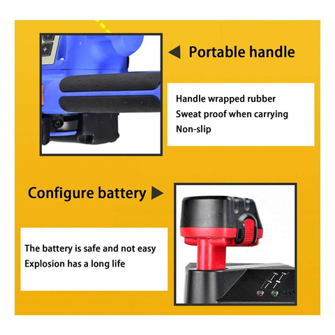 PRO GRADE RECHARGEABLE STRAPPING TOOL FOR PP AND PET PLASTIC BELTS WITH 3000 MAH BATTERY AUTOMATIC HOT MELTING BANDING MACHINE showing rubber grip handle and battery configuration.