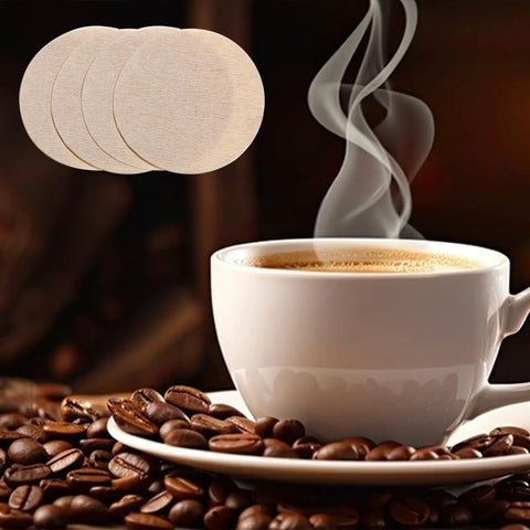 Unbleached Round Disposable Coffee Filters, 600 Count, 64 Mm 2.5 Inch Size, shown with steaming coffee cup and beans