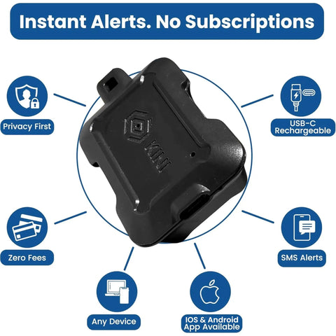 Motion Sensor Alarm With Tamper Alerts For Gun Safes Cabinets And Drawers No Monthly Fees Instant App SMS And Email Alerts 2 4 GHz WiFi Required Rechargeable Battery Lasts 12 To 18 Months IFTTT Ready Easy Install black device with USB-C recharge icons