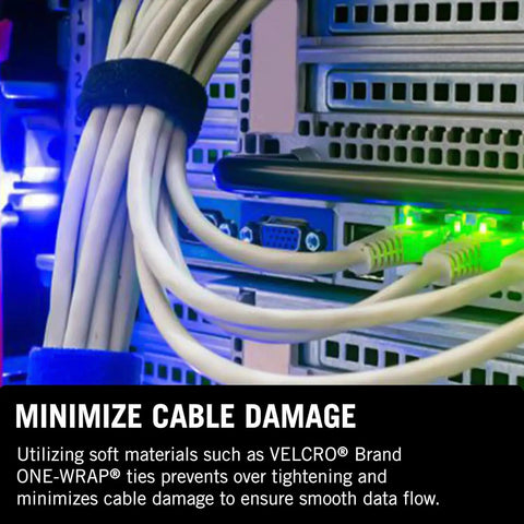 Cable management with One Wrap Tape Three Quarter Inch By Twenty Five Yard Double Sided Self Gripping Roll Reusable Fastener.