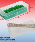 Small drawer with green beads, dimensions shown, part of 26 Drawer Plastic Storage Cabinet For Garage Organization And Craft Sorting
