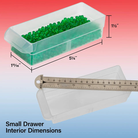 Small drawer with green beads, dimensions shown, part of 26 Drawer Plastic Storage Cabinet For Garage Organization And Craft Sorting