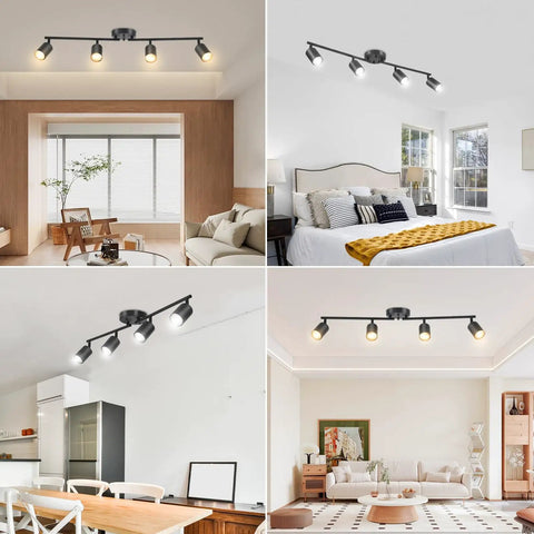 Matte Black 4 Light Track Lighting Kit With Adjustable Heads Ceiling Spotlight Fixture for kitchen and living room decor.