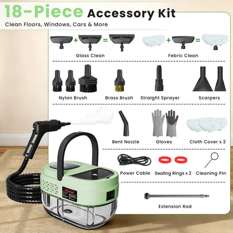 18-piece accessory kit for Handheld Steam Cleaner With 2500W Beast Mode Power And 1600Ml Tank, includes various brushes and nozzles.