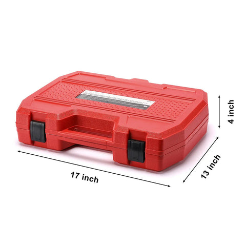 Heavy Duty One Half Inch Drive Impact Socket Set With SAE And Metric Sockets in red plastic carrying case, size 17x13x4 inches.