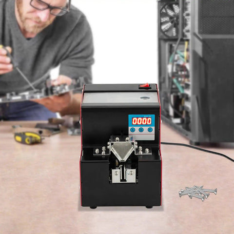 Straight Shooter Automatic Screw Feeder Machine Featuring Bright LCD Screen, front view showing adjustable speeds and dispensing screws.