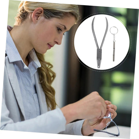 Woman using Stainless Steel Two Piece Eyeglass Repair Kit With Flat Nose Pliers And Precision Screwdriver For Quick Adjustments