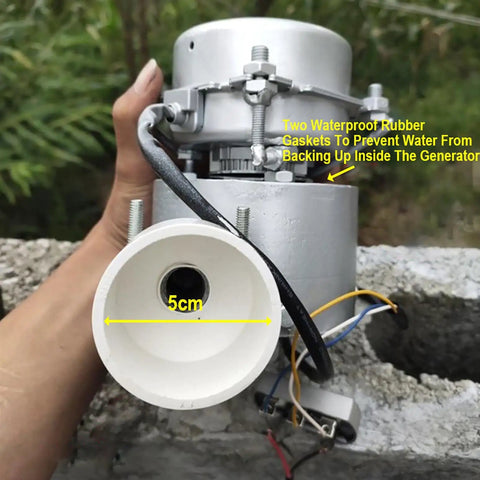 Hand holding 1000W Portable Water Turbine Generator 220V Micro Hydroelectric Power System With Aluminum Alloy Shell, riverbank installation.