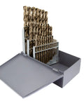 M42 Cobalt Drill Bit Set, 29 Pieces, 1/16 To 1/2 Inch In 64ths, Gold Oxide Finish, Heavy Duty Bits in open metal case