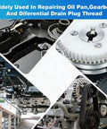Collage showing usage of M15x1.5 Oil Drain Plug Thread Repair Tool Kit for sump, transmission, and differential repair.