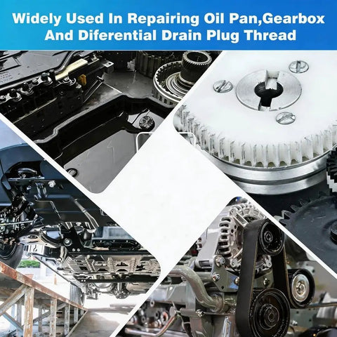 Collage showing usage of M15x1.5 Oil Drain Plug Thread Repair Tool Kit for sump, transmission, and differential repair.