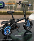 Compact Foldable 14 Inch Electric Bike For Adults With 500W Motor, AI chip, dual disc brakes, cushioned shocks, black frame