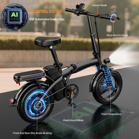 Compact Foldable 14 Inch Electric Bike For Adults With 500W Motor, AI chip, dual disc brakes, cushioned shocks, black frame