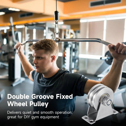 4 Pack Stainless Steel Double Groove Wheel Pulley Block With U Groove Wall Mount Silent Lifting Pulley Kit Screws Included Ideal For DIY Gym Equipment Sliding Gate Clothesline And Heavy Load Uses. 48mm pulley in gym use