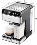 CafeMaster Pro Espresso Machine Lets You Brew Single Or Double Shots Like A Real Barista At Home With Built In Milk Frother 15 Bar Pump XL 1.8 Liter Removable Water Reservoir Stainless Steel Finish, side view with dimensions