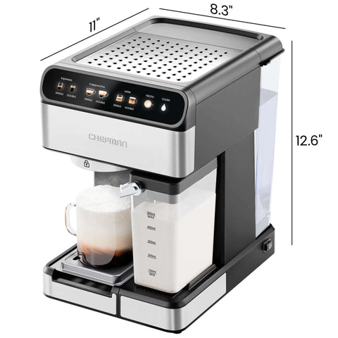 CafeMaster Pro Espresso Machine Lets You Brew Single Or Double Shots Like A Real Barista At Home With Built In Milk Frother 15 Bar Pump XL 1.8 Liter Removable Water Reservoir Stainless Steel Finish, side view with dimensions
