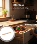 Child using kitchen drawer with Six Pack Wooden Center Mount Drawer Slides 13.8 Inches Classic Wood Center Guide Tracks Bottom Mount Glide Set