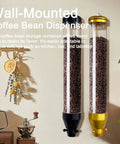 Kickass Wall Mount Coffee Bean Dispenser 10 Liter Clear Acrylic Canister with airtight gold lid in kitchen setting.