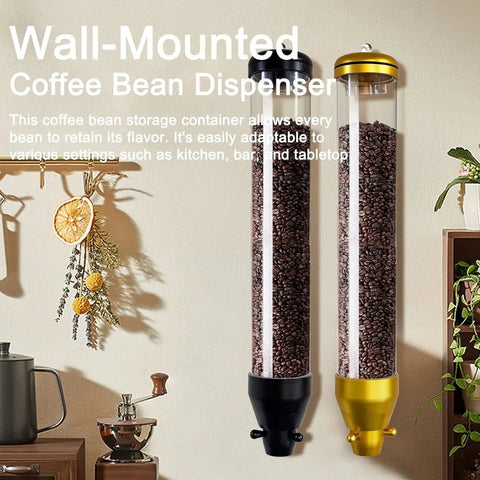 Kickass Wall Mount Coffee Bean Dispenser 10 Liter Clear Acrylic Canister with airtight gold lid in kitchen setting.